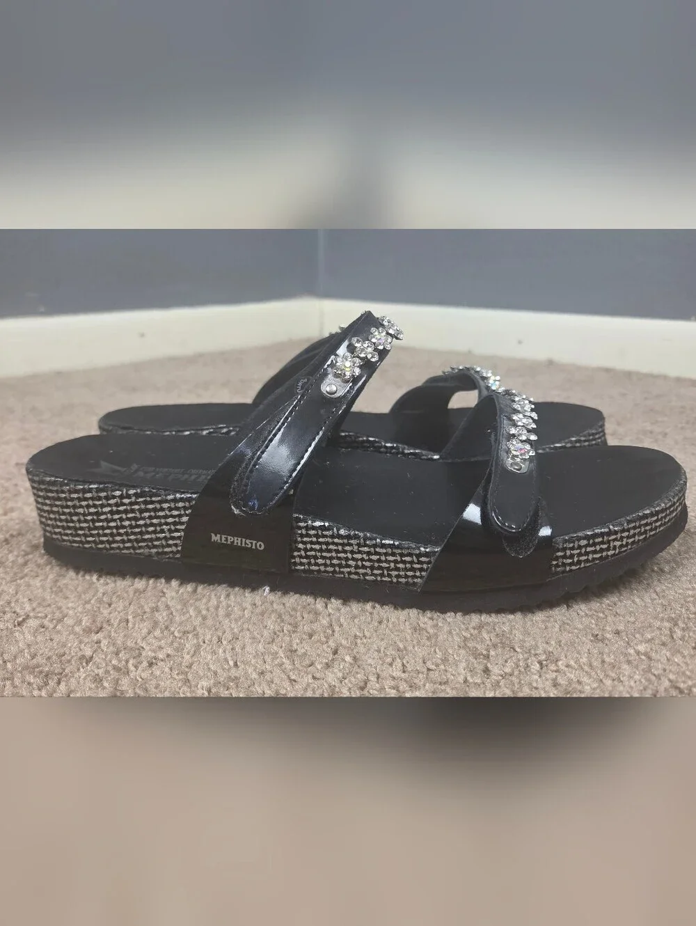 Mephisto Black Jeweled Slide Sandals